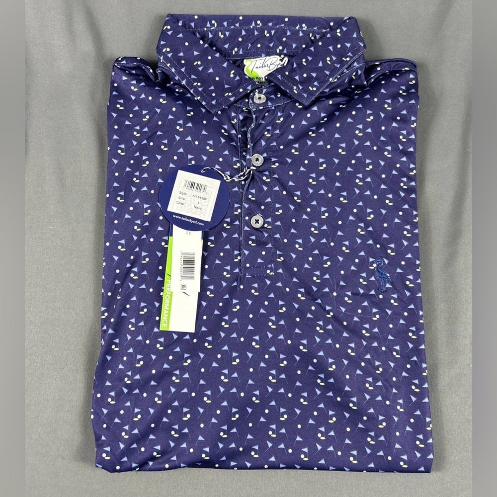 Tailorbyrd Golf Shirt Polo Pin Flags Print Large Navy Blue Polyester Spandex